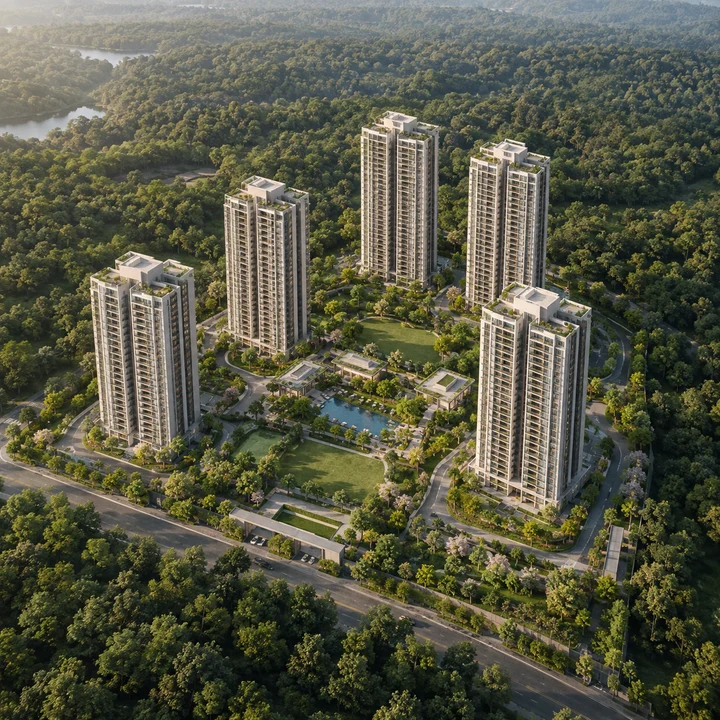 Prestige Bannerghatta Road aerial view of the towers and the green belt, artist's impression Prestige Bannerghatta Road aerial view of the towers and the green belt, artist's impression