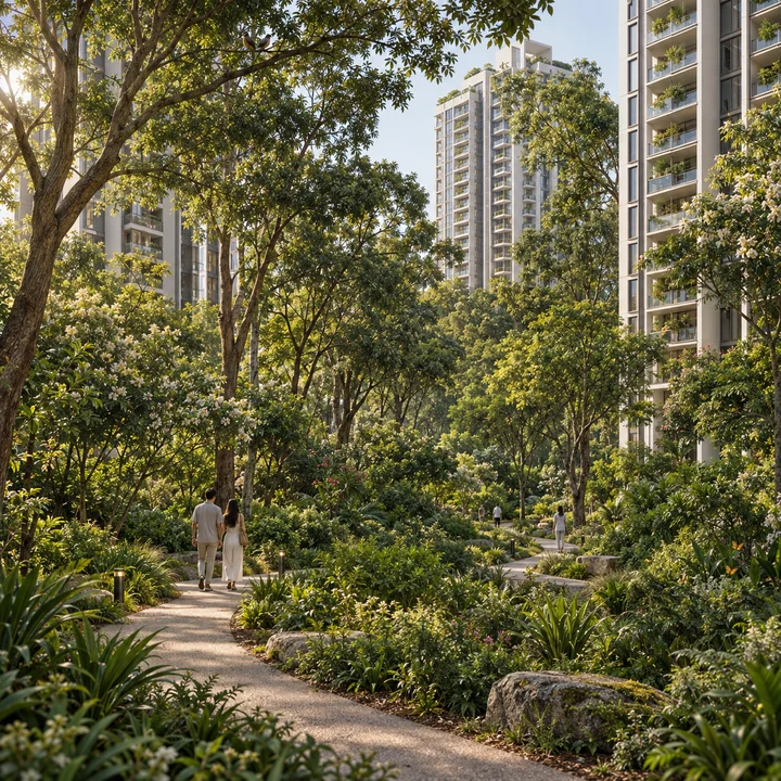 Prestige Bannerghatta Road green belt with native planting, artist's impression Prestige Bannerghatta Road green belt with native planting, artist's impression