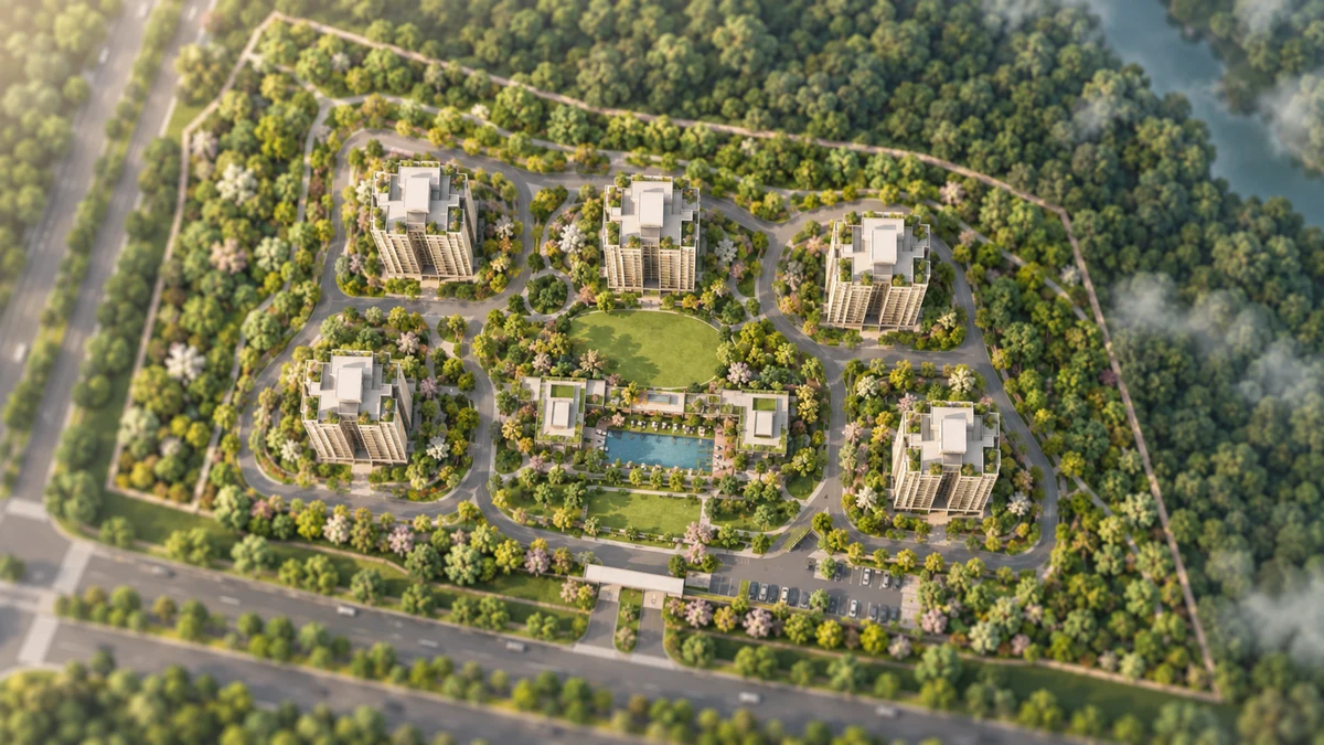 Prestige Bannerghatta Road illustrative site plan with six towers, clubhouse and green belt Prestige Bannerghatta Road illustrative site plan with six towers, clubhouse and green belt